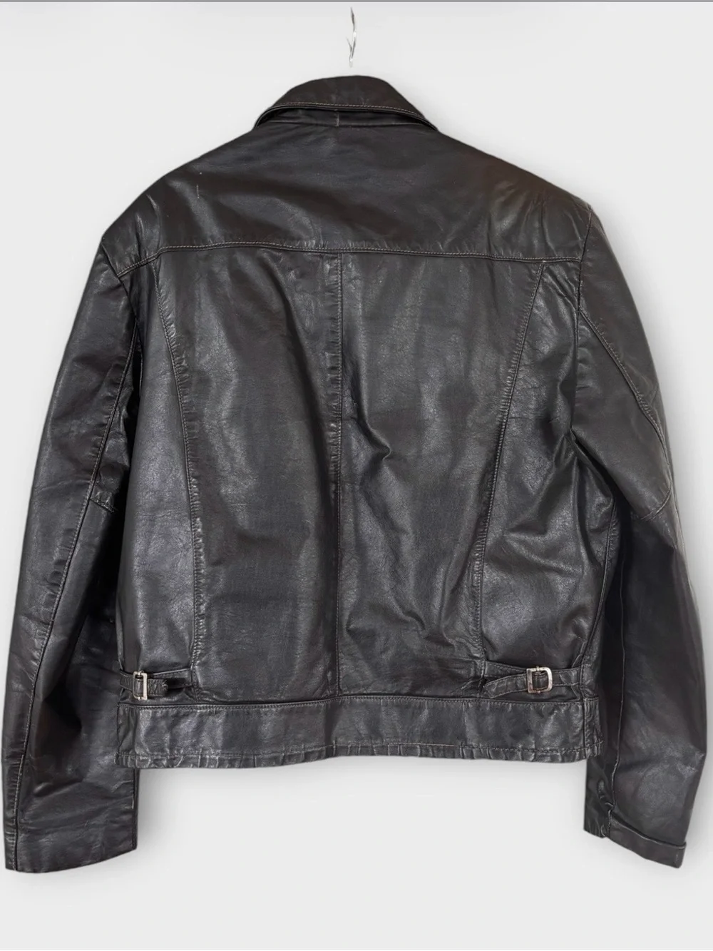 Vintage Sears The Leather Shop Black Leather Jacket Sherpa Lined Sz 44R Zip Moto